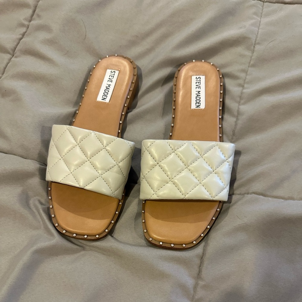 Steve Madden light gray Quilted Slide Sandals with rhinestones